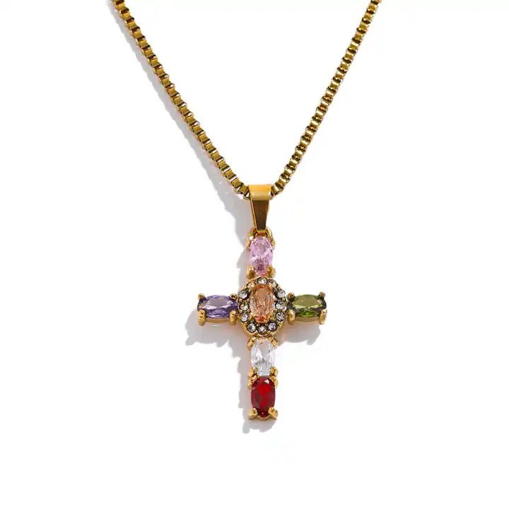 Stained Glass Cross Necklace - Psalm BoutiqueGoldStained Glass Cross NecklaceJewlery